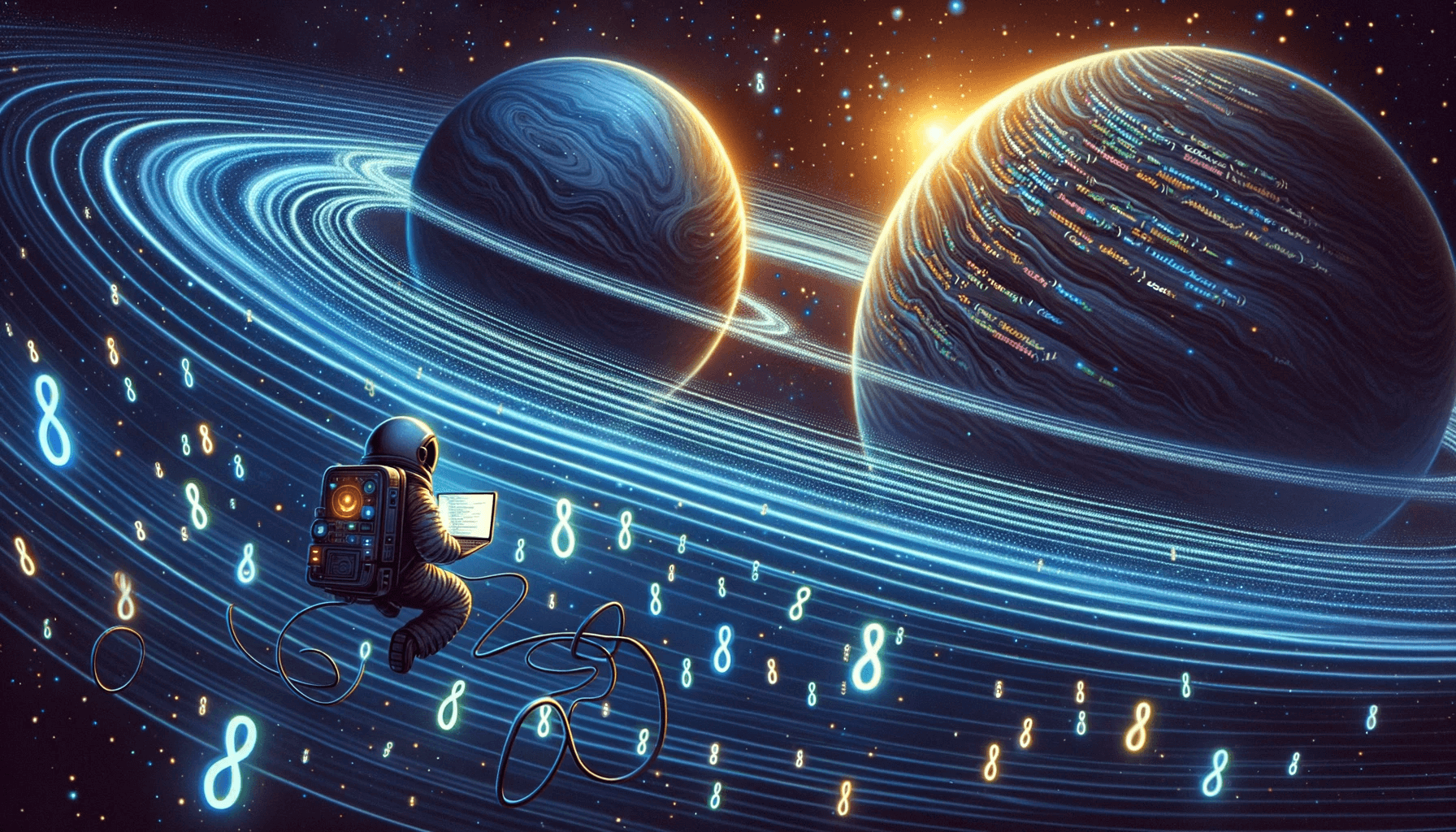 Planets and an astronaut coding on a laptop in space - Generated by AI - CHATGPT DALLE